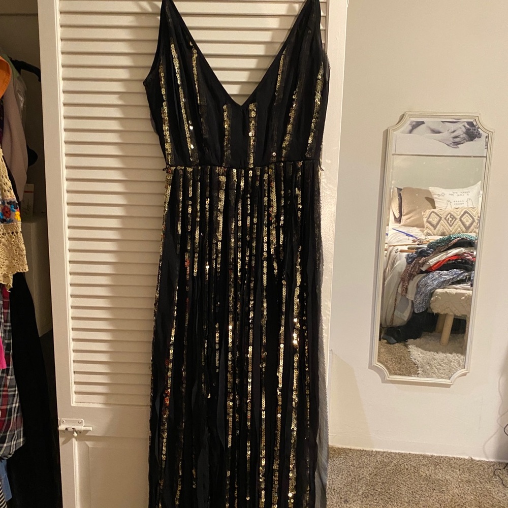 Black chiffon and gold sequin- love